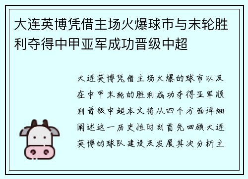 大连英博凭借主场火爆球市与末轮胜利夺得中甲亚军成功晋级中超