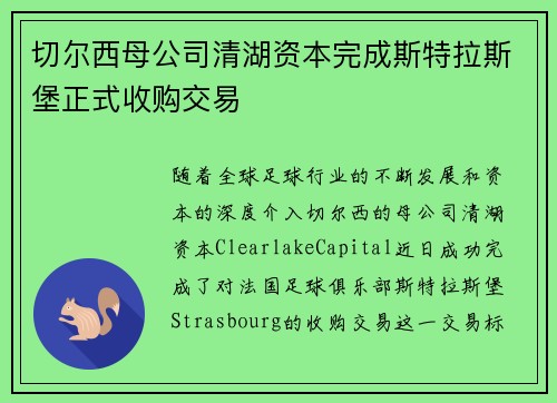 切尔西母公司清湖资本完成斯特拉斯堡正式收购交易 切尔西母公司清湖资本完成斯特拉斯堡正式收购交易